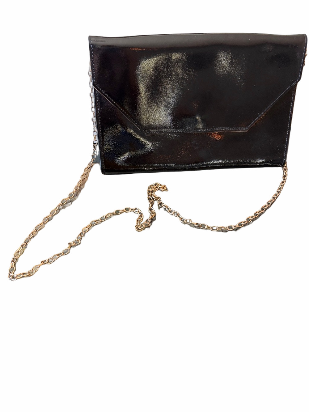 Halogen Black Patent leather high shine liquid envelope clutch gold chain NWOT